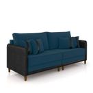 Sofá 3 Lugares Living 192cm Pé Madeira Valença Pto/Veludo Azul K01 - D'Rossi