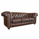 Sofá 3 Lugares Sala de Estar Chesterfield Pés Madeira Couro Tabaco Brilho G40 - Gran Belo