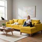 Sofá 4 Lugares Beny com Chaise Direito Suede Amarelo
