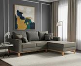 Sofá Beny com Chaise Direita, 2,00x1,40m, 3 Lugares, Linho, Base em Madeira.