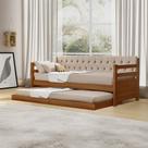 Sofá Cama Solteiro Verona Castanho Estofado Capitonê Veludo Bege com Cama Auxiliar + 2 Colchões