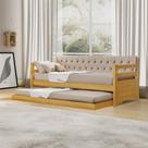 Sofá Cama Solteiro Verona Imbuia Estofado Capitonê Veludo Bege com Cama Auxiliar