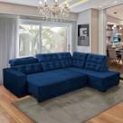 Sofá Canto Chaise D Retrátil 285 Cm 6 Lugares São Paulo Reclinável Mola D26 Veludo Azul - SóSofá