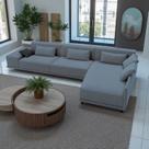 Sofá de Canto 5 Lugares com Chaise Lado Direito em Sarja 336x196cm Cinza Médio