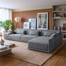 Sofá de Canto 5 Lugares com Chaise Lado Direito em Sarja 336x196cm Cinza Médio