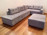 Sofa De Canto Elantra Grande e Puff Bom Descanso Veludinho Cinza