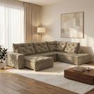 Sofá de Canto Retrátil e Reclinável 3 Lugares com Chaise 325x225cm Pés em Madeira Maciça Nice Marrom Veludo/Capuccino