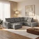Sofá de Canto Retrátil e Reclinável 3 Lugares com Chaise 345x225cm Pés em Madeira Maciça Nice Veludo/Cinza Claro