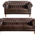 Sofá Fixo Retrô 5 Lugares material sintético Marrom Dom Pedro Chesterfield 215cm