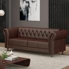 Sofá Living Sala de Estar Stanford Chesterfield 2 Lugares 220cm Pés de Madeira Couro Marrom Brilho G58 - Gran Belo Sofá Living Sala de Estar Stanford Chesterfield 2 Lugares 220cm Pés de Madeira Couro Marrom Brilho G58 - Gran Belo
