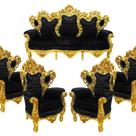 Sofa Luiz XV Capitone Preto Madeira de Lei Folha Ouro Luxo