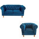 Sofá Namoradeira 2 Lugares Duque Capitonê + 1 Poltrona Duque Suede Azul Marinho Chesterfield Para Sala/Recepção