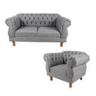 Sofá Namoradeira 2 Lugares Elisabeth Capitonê + 1 Poltrona Eisabeth Linho Cinza Chesterfield Para Sala/Recepção