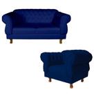 Sofá Namoradeira 2 Lugares Elisabeth Capitonê + 1 Poltrona Eisabeth Suede Azul Marinho Chesterfield Para Sala/Recepção