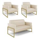 Sofá Namoradeira com 2 Poltronas Base Industrial Alta Dourado Marisa material sintético Bege