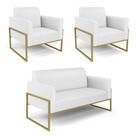 Sofá Namoradeira com 2 Poltronas Base Industrial Alta Dourado Marisa material sintético Branco