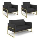 Sofá Namoradeira com 2 Poltronas Base Industrial Alta Dourado Marisa material sintético Preto