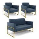 Sofá Namoradeira com 2 Poltronas Base Industrial Alta Dourado Marisa Suede Azul Marinho
