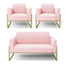 Sofá Namoradeira Com 2 Poltronas Base Industrial Alta Dourado Marisa Suede D03 - D'rossi Cor Rosa Bebê