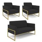 Sofá Namoradeira com 2 Poltronas Base Industrial Alta Dourado Marisa Veludo Preto Sofá Namoradeira com 2 Poltronas Base Industrial Alta Dourado Marisa Veludo Preto
