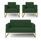 Sofá Namoradeira Com 2 Poltronas Base Industrial Alta Dourado Marisa Veludo Verde D03 - D'rossi