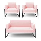 Sofá Namoradeira Com 2 Poltronas Base Industrial Alta Preto Marisa Suede Rosa Bebê D03 - D'rossi