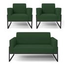 Sofá Namoradeira Com 2 Poltronas Base Industrial Alta Preto Marisa Veludo Verde D03 - D'rossi