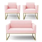 Sofá Namoradeira com 2 Poltronas Base Industrial Dourado Marisa Suede Rosa Bebê Sofá Namoradeira com 2 Poltronas Base Industrial Dourado Marisa Suede Rosa Bebê