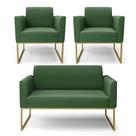 Sofá Namoradeira com 2 Poltronas Base Industrial Dourado Marisa Suede Verde