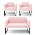 Sofá Namoradeira com 2 Poltronas Base Industrial Preto Marisa Suede Rosa Bebê