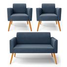 Sofá Namoradeira com 2 Poltronas Pés Palito Castanho Marisa Suede Azul Marinho