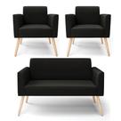 Sofá Namoradeira com 2 Poltronas Pés Palito Natural Marisa Suede Preto