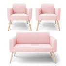 Sofá Namoradeira com 2 Poltronas Pés Palito Natural Marisa Suede Rosa Bebê
