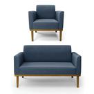 Sofá Namoradeira Com Poltrona Base De Madeira Fixa Castanho Marisa Suede Azul Marinho D03 - Drossi