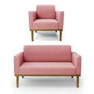 Sofá Namoradeira Com Poltrona Base De Madeira Fixa Castanho Marisa Suede D03 - Drossi Cor Rose