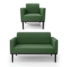Sofá Namoradeira com Poltrona Base de Madeira Fixa Preto Marisa Suede Verde