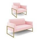 Sofá Namoradeira com Poltrona Base Industrial Alta Dourado Marisa Suede Rosa Bebê