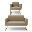 Sofá Namoradeira com Poltrona Base Industrial Dourado Marisa Suede Marrom Rato