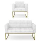 Sofá Namoradeira e 1 Poltrona Base Industrial Dourado Ana Sintético PU Branco - Ibiza Sofá Namoradeira e 1 Poltrona Base Industrial Dourado Ana Sintético PU Branco - Ibiza