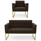 Sofá Namoradeira e 1 Poltrona Base Industrial Dourado Ana Suede Marrom - Ibiza Sofá Namoradeira e 1 Poltrona Base Industrial Dourado Ana Suede Marrom - Ibiza