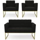 Sofá Namoradeira e 2 Poltronas Base Industrial Dourado Ana Suede Preto - Ibiza Sofá Namoradeira e 2 Poltronas Base Industrial Dourado Ana Suede Preto - Ibiza