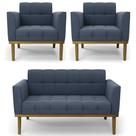 Sofá Namoradeira e 2 Poltronas Base Madeira Castanho Ana Suede Azul Marinho - Ibiza Sofá Namoradeira e 2 Poltronas Base Madeira Castanho Ana Suede Azul Marinho - Ibiza
