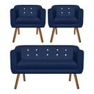 Sofá Namoradeira e 2 Poltronas com Strass Julia Pé Palito Castanho Suede Azul Marinho M11 DRossi Sofá Namoradeira e 2 Poltronas com Strass Julia Pé Palito Castanho Suede Azul Marinho M11 DRossi