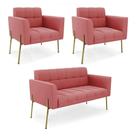 Sofá Namoradeira E 2 Poltronas Pé De Ferro Dourado Elisa Suede D03 - D'rossi Cor Rose