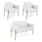 Sofá Namoradeira e 2 Poltronas Pé de Ferro Dourado Marisa material sintético Branco