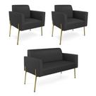 Sofá Namoradeira E 2 Poltronas Pé De Ferro Dourado Marisa material sintético Preto D03