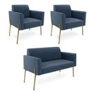 Sofá Namoradeira E 2 Poltronas Pé De Ferro Dourado Marisa Suede Azul Marinho D03