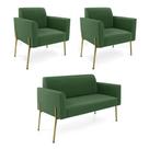 Sofá Namoradeira E 2 Poltronas Pé De Ferro Dourado Marisa Suede D03 Verde