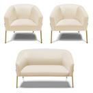 Sofá Namoradeira E 2 Poltronas Pé De Ferro Dourado Stella material sintético Bege D03 - D'rossi