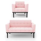 Sofá Namoradeira E Poltrona Base De Madeira Preto Elisa Suede D03 - D'rossi Cor Rosa Bebê